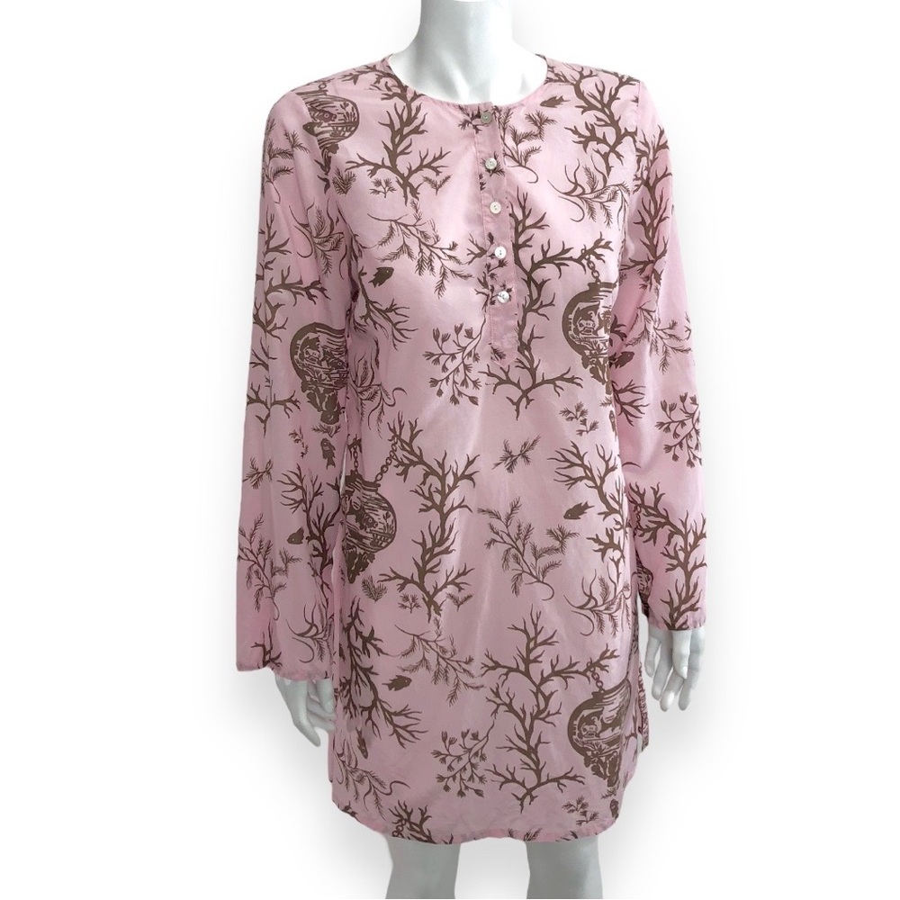 J. McLaughlin Cover Up Dress Long Sleeve Pink Fish Print Silk & Cotton - vintage